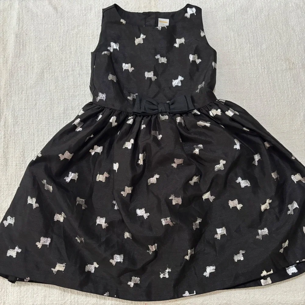 Gymboree Girls Black Silver Metallic Scottie Dog Party Dress Size 6 Holiday Bow